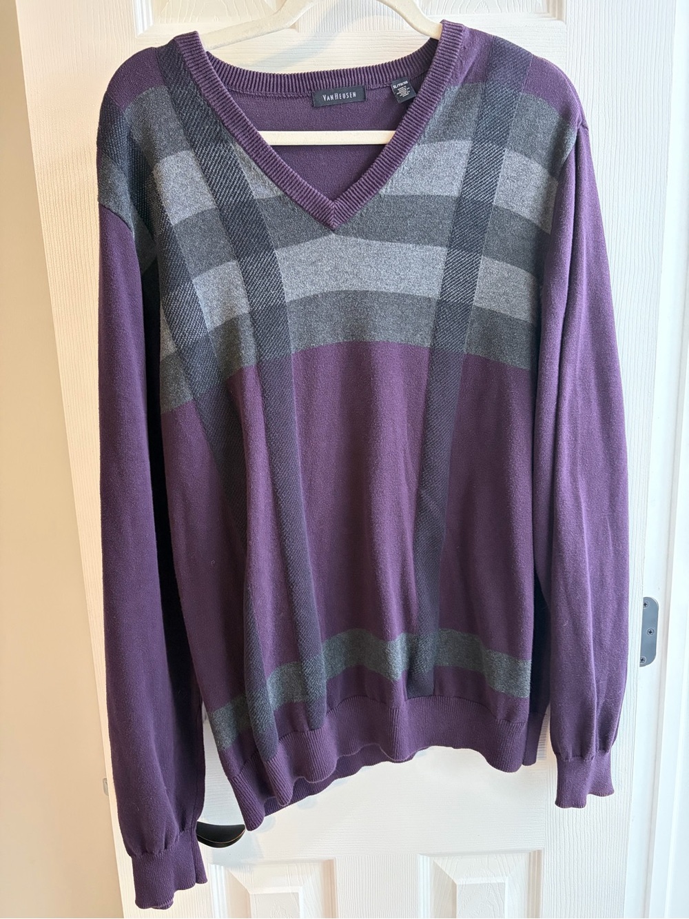 Van Heusen Men's V-Neck Sweater in Purple with Gray Stripes